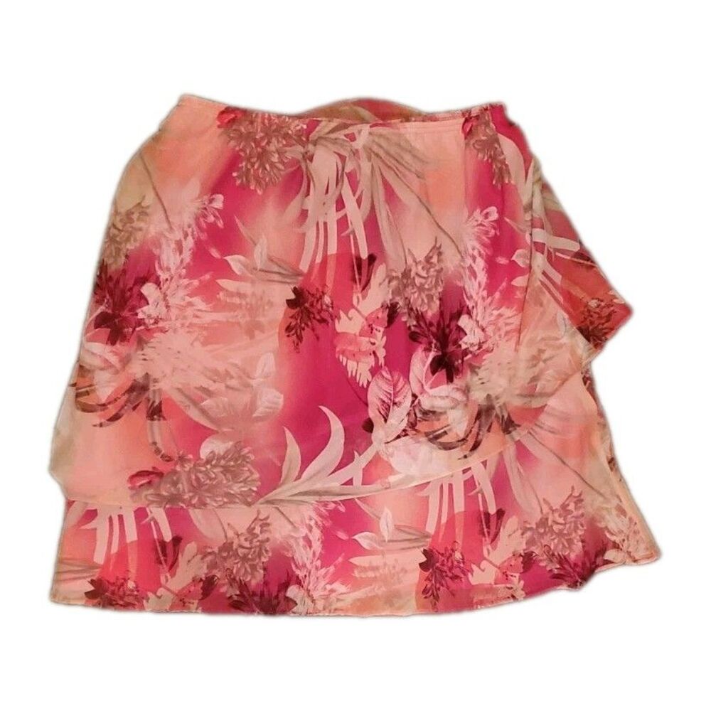 R&M Richards Skirt 18 Coral Pink Tropical Print Layered Chiffon Swing Summer